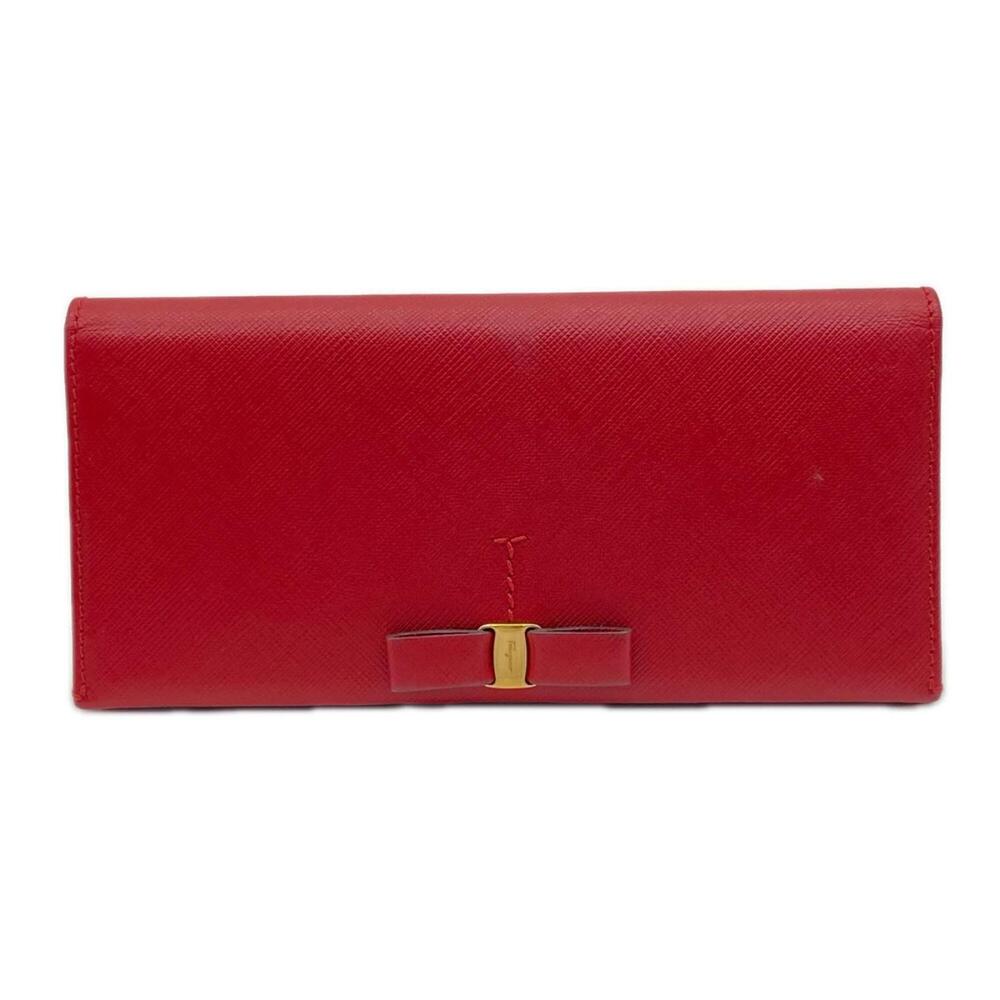Salvatore Ferragamo Vara Ribbon Bi-fold Long Wallet 22-B480 Red Leather Women's